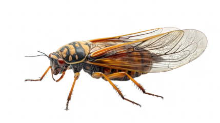 A close-up view of a cicada its intricate wing patterns and striking coloration. set against a clean white background. ideal for educational and nature-themed uses