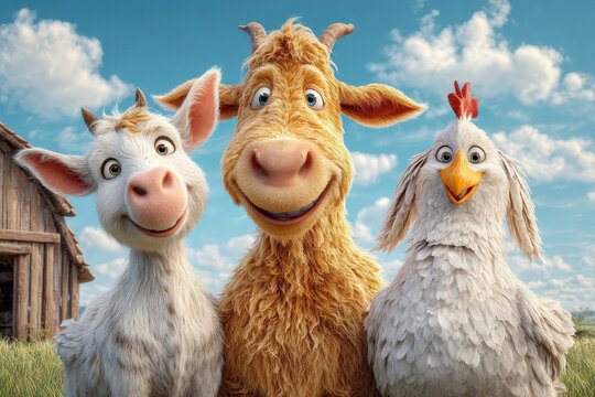 Un simp&aacute;tico cabra, vaca y gallina posan juntas en un campo soleado.