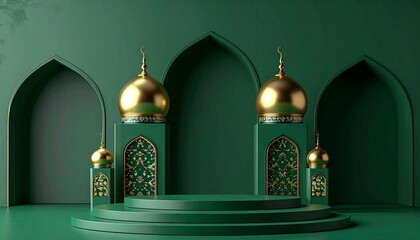 Elegant teal and  Islamic display stage with arches, pillars, perfect for festive events.