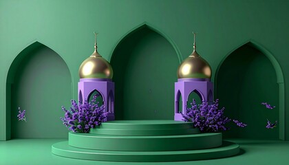 Elegant teal and  Islamic display stage with arches, pillars, perfect for festive events.