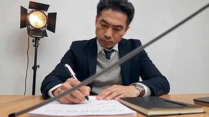 Asian businessman in suit writing document at desk with spotlight. - Powered by Adobe