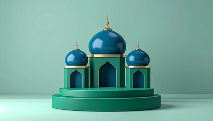 Elegant teal and  Islamic display stage with arches, pillars, perfect for festive events.