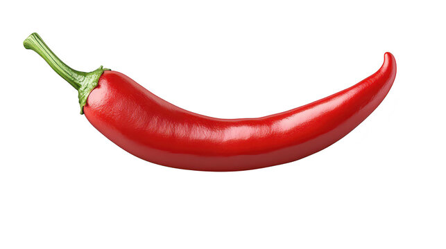 A red chili pepper resting on a clean white background. its glossy texture and curved shape. ideal for culinary themes. recipes. or food-related content