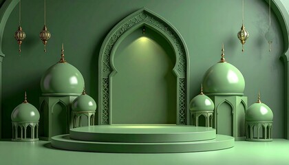 Elegant teal and  Islamic display stage with arches, pillars, perfect for festive events.