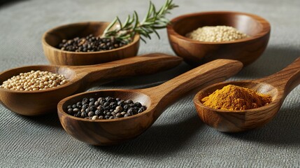 A close-up of wooden spoons filled with spices like mustard and pepper