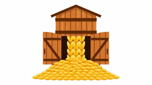 Cartoon barn filled with grain, with open doors and overflowing pile, isolated on a white background, depicting agriculture, storage, and harvest.