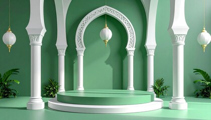 Elegant teal and  Islamic display stage with arches, pillars, perfect for festive events.