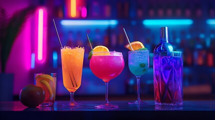 Neon bar cocktails drinks beverage nightlife alcohol colorful party celebration drink photography
