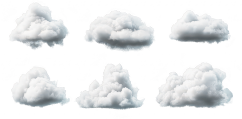 A collection of fluffy. white clouds in various shapes and sizes. set against a clear background. ideal for use in digital design. presentations. or as backgrounds for various projects