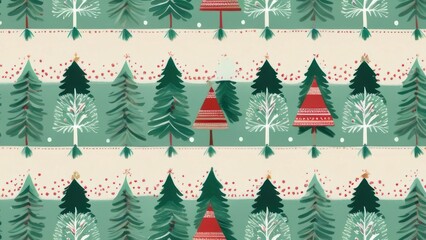 Christmas tree seamless pattern in a snowy winter forest for holiday design. Christmas tree background with trees in a snowy winter landscape for holiday and New Year decoration. 