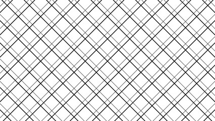 Diagonal cross line grid seamless pattern. Geometric diamond texture. Black diagonal line mesh on white background. Minimal quilted fabric. Metallic wires fence pattern