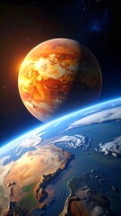 Obraz premium Dramatic view showcasing Earth and a fiery celestial body