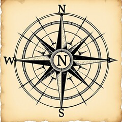 Vintage Compass Rose on Aged Paper Navigation Symbol.