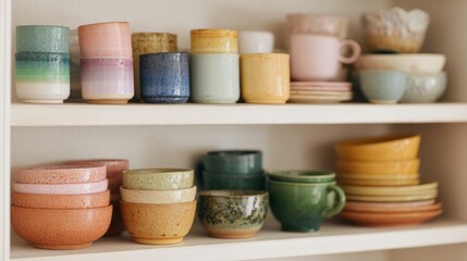 Shelf with a variety of colorful ceramic bowls and cups arranged neatly on it. there are six rows of bowls in total, each with a unique design and color.