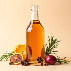 Glass bottle filled with amber liquid surrounded by festive spices and fruit