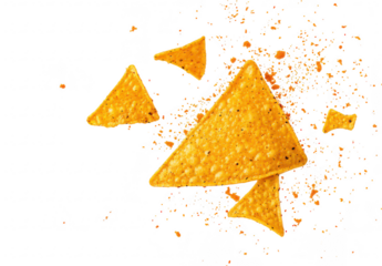 A close-up view of broken tortilla chips scattered on a white background. their crispy texture and color. ideal for food-related content or snack recipes