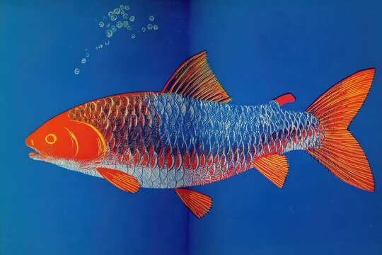 Una vibrante carpa roja y azul nadando en un oc&eacute;ano de zafiro.