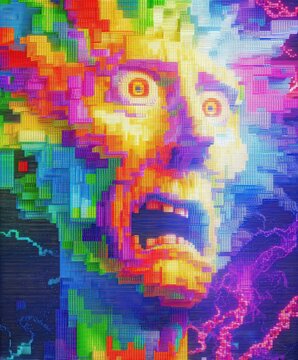 Una representaci&oacute;n abstracta y pixelada de una cara gritando, con colores vibrantes y una sensaci&oacute;n de angustia digital.