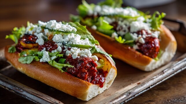 Mexican pambazo sandwich dipped red guajillo sauce and stuffed with potatoes and chorizo topped with lettuce crema and cheese on a rustic tray