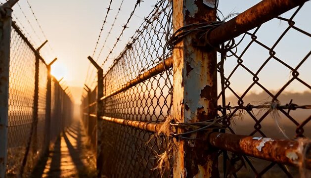 Sunrise over a rusty barbed wire fence path, scenic landscape, dawn light, golden hour sunrise, light, sun.
