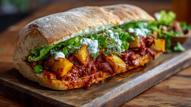 Mexican pambazo sandwich dipped red guajillo sauce and stuffed with potatoes and chorizo topped with lettuce crema and cheese on a rustic tray