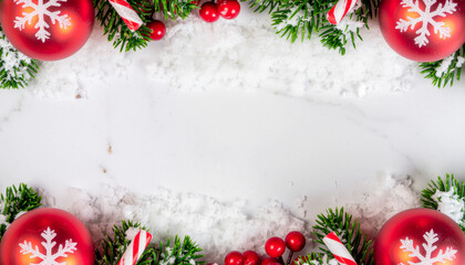 Christmas Holiday Frame, Red Ornaments, Snow, Pine, Berries