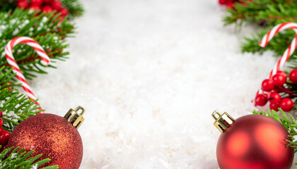 Christmas Holiday Frame, Red Ornaments, Snow, Pine, Berries