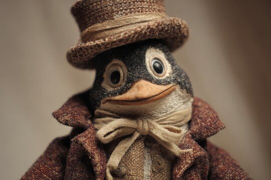 Un ping&uuml;ino de peluche con un elegante traje y sombrero, posando con una sonrisa.