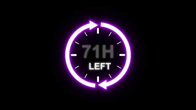 24 hours clock with circle arrow and the numbers 71 Hour left. video animation on alpha channel background, Clock timer, time passage waiting time animation (4K).