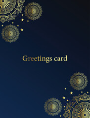 Elegant greetings card design with golden mandala ornaments on dark blue background