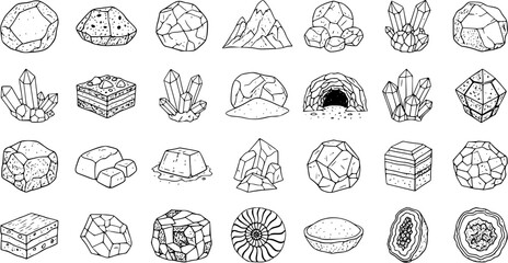 Hand Drawn Set of Rocks, Minerals, Crystals  Geological Elements - Outline Stone  Gemstone Icons © evalova