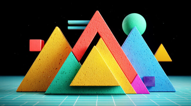 Colorful geometric shapes including triangles and spheres in abstract design
