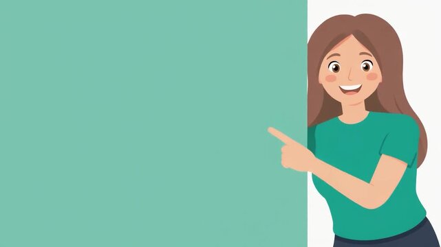 Smiling woman pointing at blank space on turquoise wall, presenting an idea or product with cheerful expression and positive vibe.