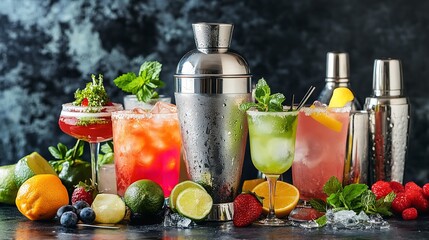 Cocktail shaker and colorful drinks on dark background for bar menu and drink recipe inspiration