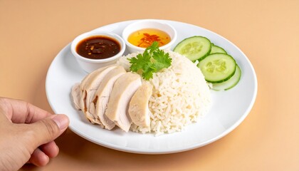 Hainanese chicken rice Khao Man Gai served on a white plate with two dipping sauces and fresh cucumber.