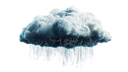 A dramatic thundercloud filled with dark. swirling gray tones. emitting bright lightning bolts while rain cascades down. set against a stark white background. ideal for weather-related themes