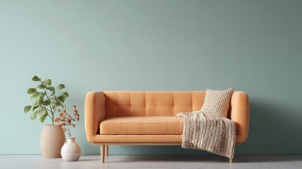 Modern living room with a light blue wall and a wooden floor. in the center of the room, there is an orange sofa with a throw blanket and a throw pillow on it.
