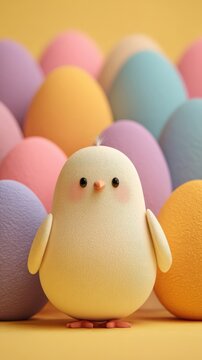 Un adorable pollito amarillo rodeado de huevos de Pascua de colores vibrantes.
