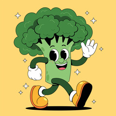 Cheerful Retro Broccoli Character Waving