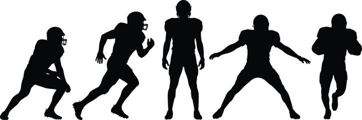 American football player silhouettes, helmet, shoulder pads, running pose, defensive stance, sports action, athlete motion, team game, black vector illustration