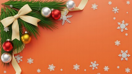 Festive christmas corner composition with red, gold, and silver baubles, green pine needles, a golden ribbon bow, and white snowflakes on an orange background.