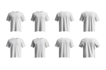 A collection of plain white t-shirts arranged in a grid pattern against a subtle background. various angles and perspectives for potential use in fashion or retail mockups