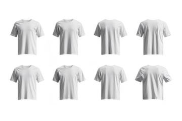 A collection of plain white t-shirts arranged in a grid pattern against a subtle background. various angles and perspectives for potential use in fashion or retail mockups