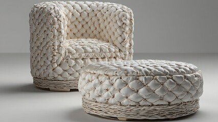 Naklejka premium Unique white textured armchair and matching ottoman in studio setting