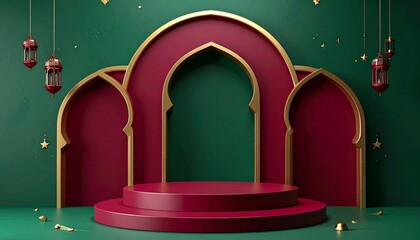 Elegant teal and  Islamic display stage with arches, pillars, perfect for festive events.