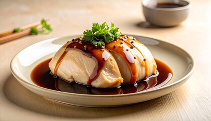 Delicious Chicken Dish with Sauce Garnished Served on Plate.