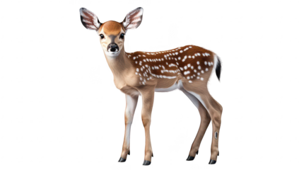 A young fawn stands gracefully in a serene setting. its delicate features and spotted coat. with a soft. blurred background that enhances its natural beauty