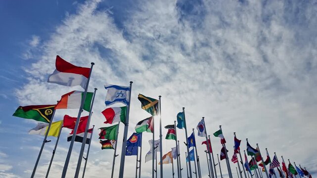 Flags of all nations fluttering in the wind