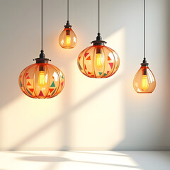 Warm amber glass pendant lights hanging in a room with sunlight
