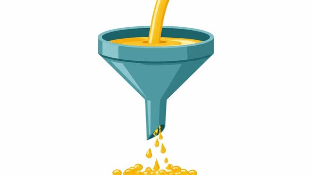 Blue funnel with yellow liquid pouring through, creating a pile of yellow liquid balls at the bottom, against a plain white background.